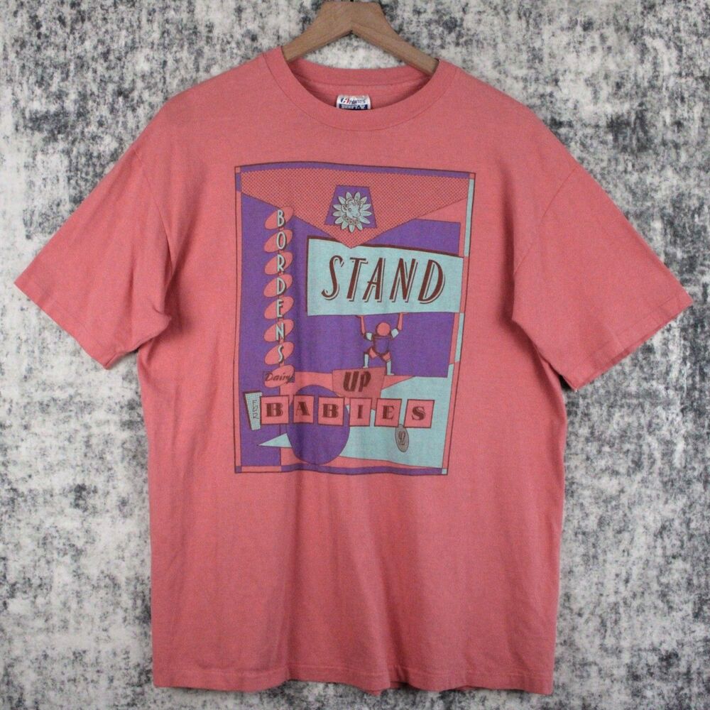 Vintage BORDENS DAIRY T Shirt Mens Sz L Dusty Pink Color 1992 USA Single Stitch